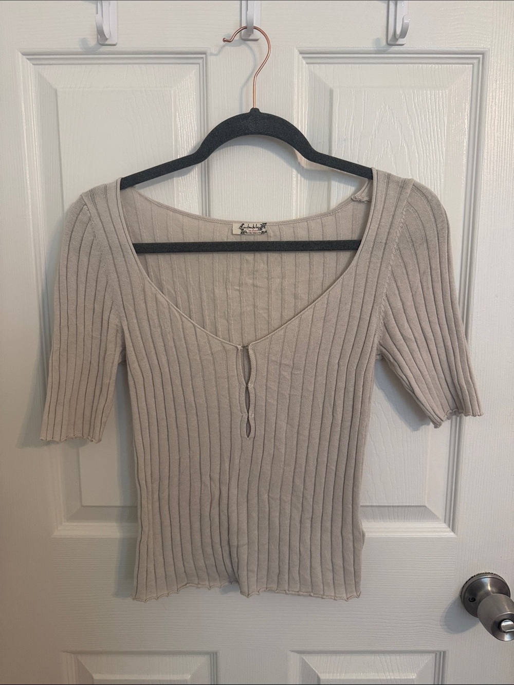 Free People Ribbed Scoop-Neck Short Sleeve Top - Light Taupe